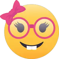 a yellow smiley face with pink glasses and a pink bow