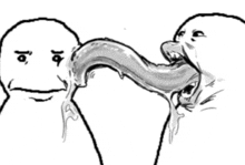 a black and white drawing of two people with their tongues sticking out