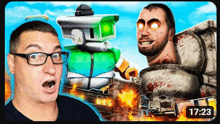 a man with glasses is standing next to a robot and a man with a huge head in a video game .