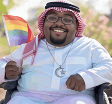 a man in a wheelchair is holding a rainbow flag