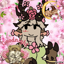 a drawing of a deer with flowers on her head and the words goodnight on the bottom