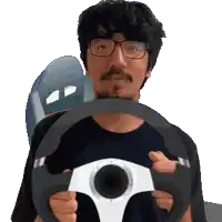 a man with glasses is holding a steering wheel in his hands