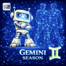 a robot is standing in front of a sign that says gemini season ii
