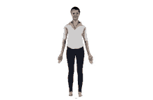 a 3d model of a woman in a white shirt and blue pants