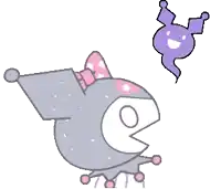 a purple cartoon character with a pink bow and a purple ghost behind her