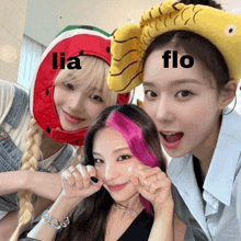 a girl with pink hair is wearing a watermelon hat and the word lia is above her head