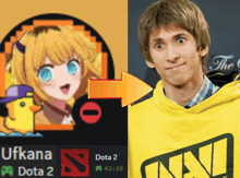a man wearing a yellow hoodie with the word dota 2 on it