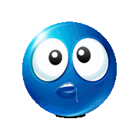 a blue smiley face with big eyes and a drop of water in its mouth