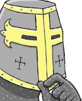 a cartoon of a knight wearing a helmet with a cross on it and holding a sword .