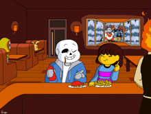 a cartoon of sans and frisk in a diner