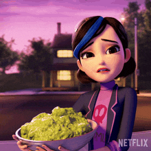 a cartoon girl is holding a bowl of guacamole with the netflix logo in the corner