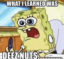 a cartoon of spongebob saying what i learned was deeznuts ..