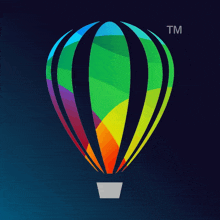 a colorful hot air balloon with a tm logo on the bottom