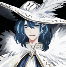 a drawing of a girl with blue hair wearing a white feathered hat