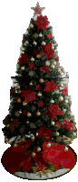 a christmas tree with red and gold ornaments and a red star on top