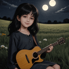 a little girl is holding a guitar with a yamaha logo on the neck