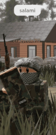 a soldier in a video game with a speech bubble saying salami