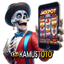 a day of the dead skeleton holding a phone that says jackpot on it