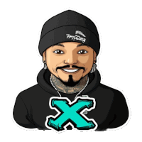 a cartoon drawing of a man wearing a black hoodie and a beanie with the letter x on it