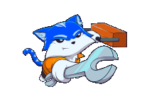 a blue and white cat is holding a wrench and a toolbox