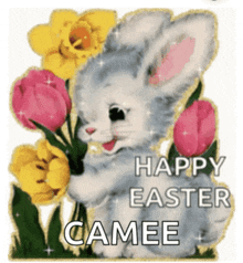 a happy easter camee greeting card with a bunny holding a bunch of flowers