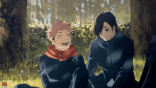 a couple of anime characters sitting under a tree laughing