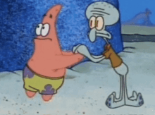 patrick star and squidward from spongebob squarepants are standing next to each other .