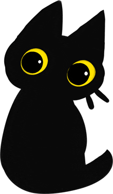 a silhouette of a black cat with yellow eyes on a white background