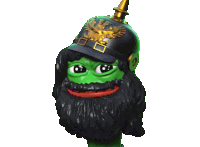 a green frog with a beard wearing a helmet