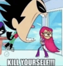 a cartoon character from teen titans go is screaming at a girl with glasses .