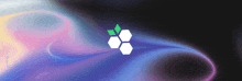 a purple and blue background with a white hexagon with green leaves on it