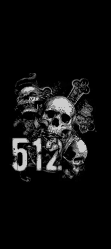 a black and white drawing of three skulls on a black background with the number 512 .