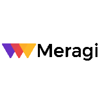 a logo for meragi with a purple and orange triangle on a white background