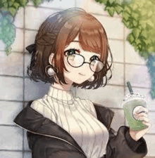 a girl wearing glasses and a jacket is holding a drink in her hand .