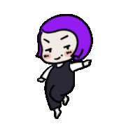 a cartoon of a girl with purple hair and overalls