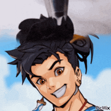 a cartoon of a man with a sword in his hair and the word picmix on the bottom right