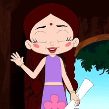 a cartoon girl in a purple top and pink skirt holds a piece of paper