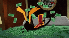 a cartoon duck is laying on a bed with a pile of money .
