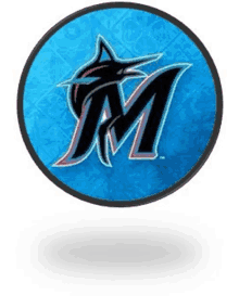 a blue circle with a black letter m on it