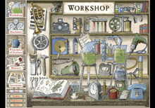a cartoon drawing of a workshop with various objects