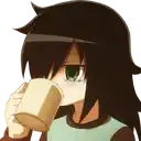 a girl with long black hair is drinking from a mug .