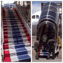 a red , white , and blue staircase leading up to a plane .