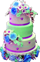 a three tiered cake with blue and purple flowers and a purple ribbon