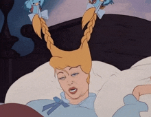 a cartoon of cinderella laying on a bed with birds in her hair