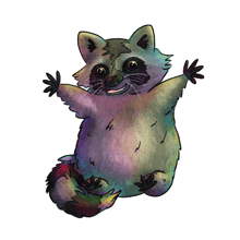 a cartoon drawing of a raccoon with its arms outstretched on a white background