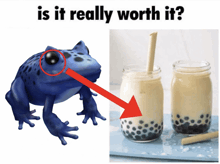 a picture of a blue frog next to a picture of two jars of milk