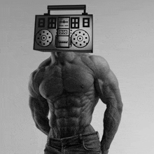 a muscular man has a boombox on his head that says dtc