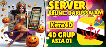 a woman is holding a phone in front of a slot machine with the words server brunei darussalam