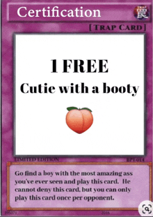 a card that says certification with a picture of a peach