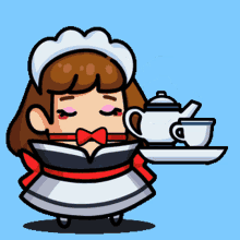 a cartoon illustration of a maid holding a teapot and cups